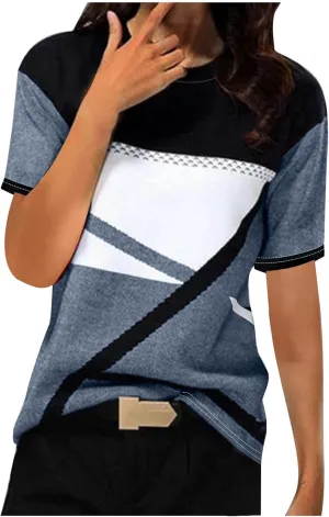 Summer New Geometric Pattern T Shirts for Women Casual Tops Crewneck Short Sleeve Tees Color Block Loose Blouses