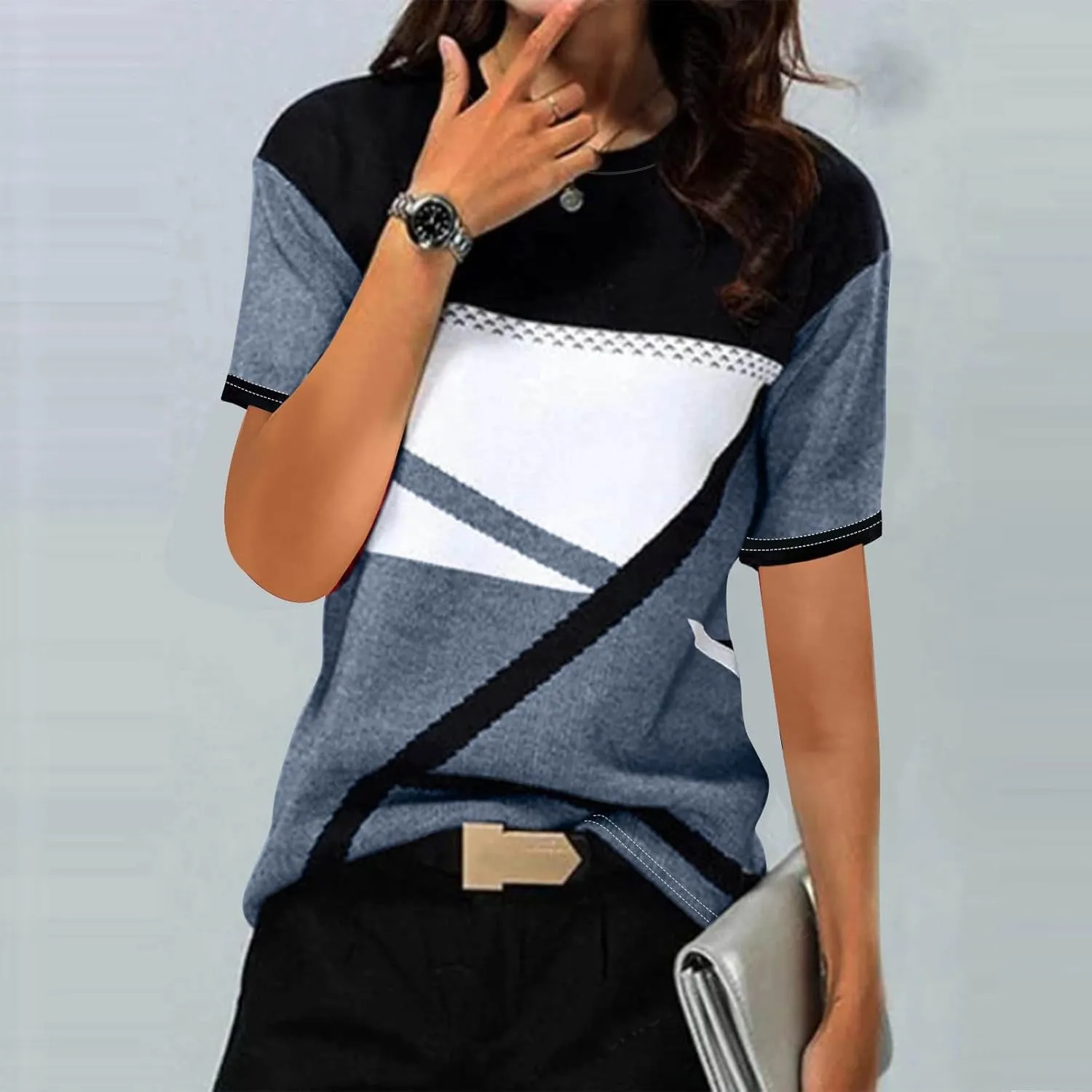 Summer New Geometric Pattern T Shirts for Women Casual Tops Crewneck Short Sleeve Tees Color Block Loose Blouses