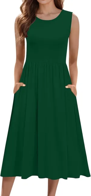Summer Racerback Knit Sundress Sleeveless Boho Dress with Pockets Breathable Beach-to-Travel Midi A-Line Dress