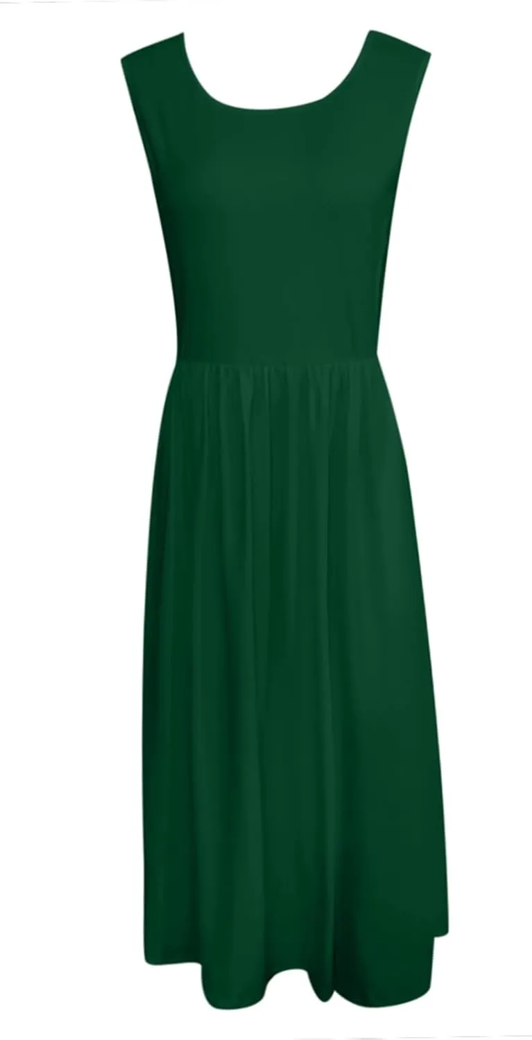 Summer Racerback Knit Sundress Sleeveless Boho Dress with Pockets Breathable Beach-to-Travel Midi A-Line Dress