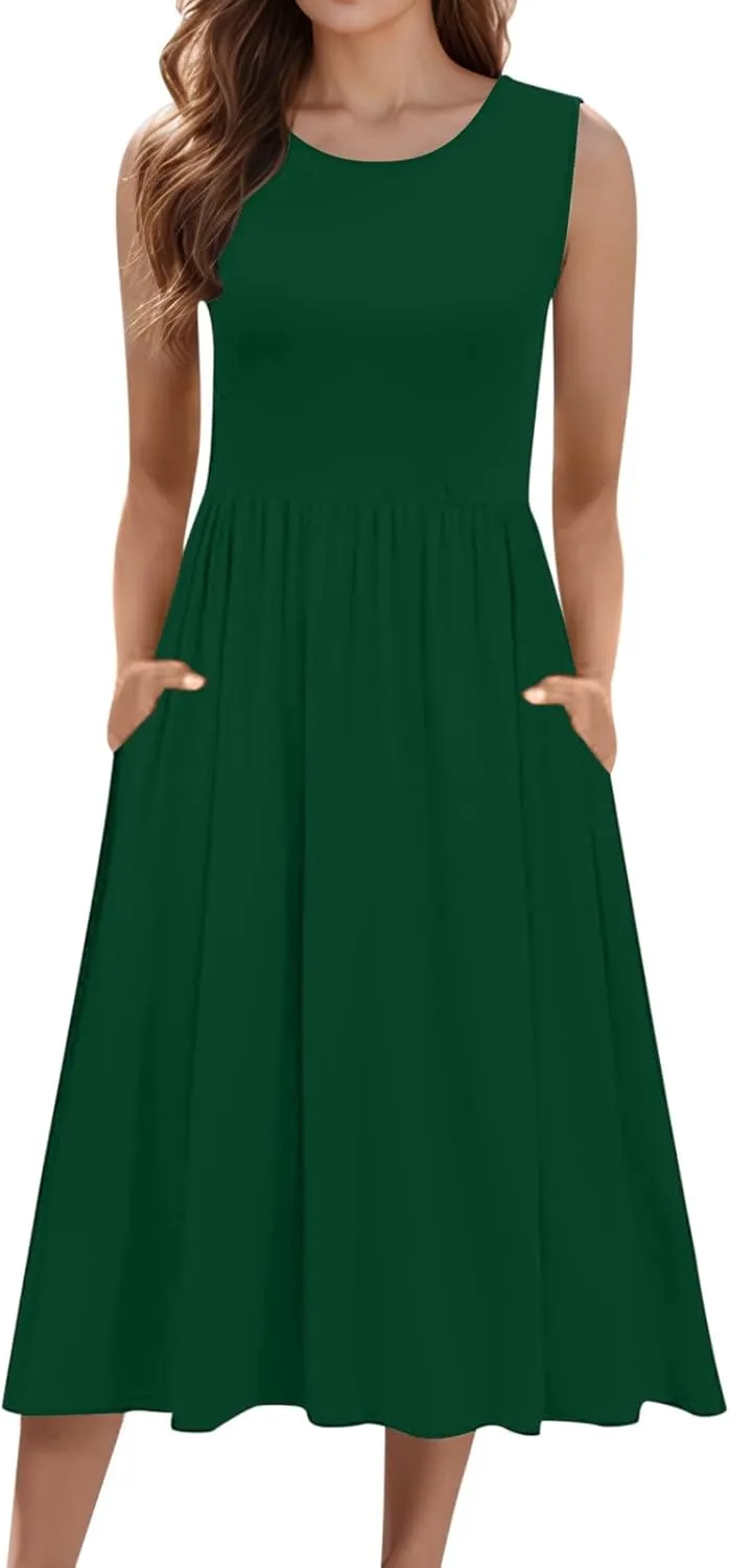Summer Racerback Knit Sundress Sleeveless Boho Dress with Pockets Breathable Beach-to-Travel Midi A-Line Dress