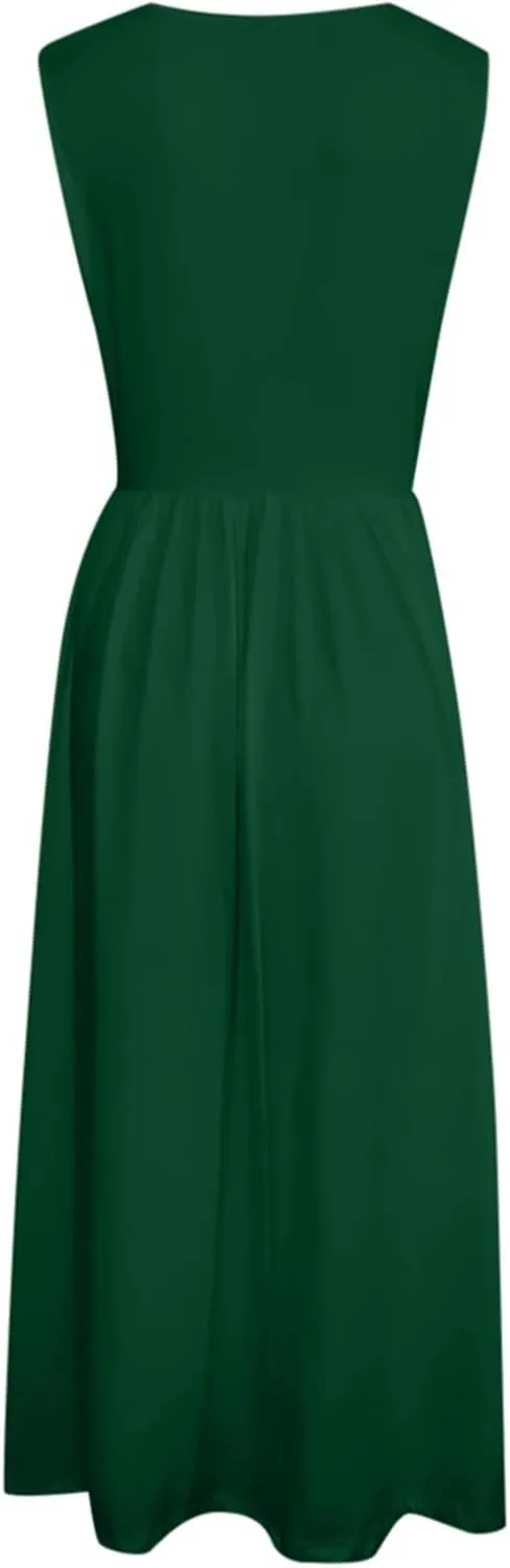 Summer Racerback Knit Sundress Sleeveless Boho Dress with Pockets Breathable Beach-to-Travel Midi A-Line Dress
