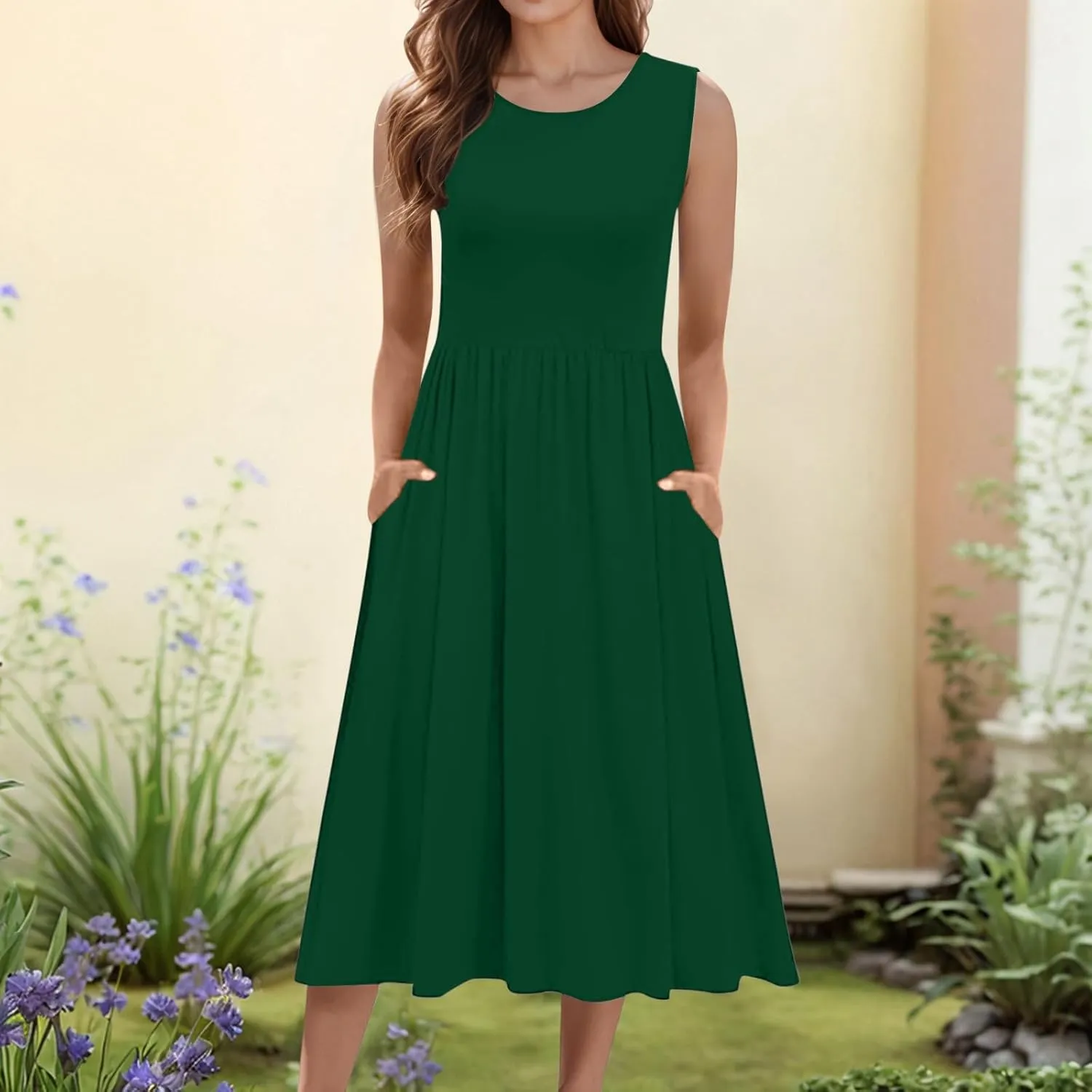 Summer Racerback Knit Sundress Sleeveless Boho Dress with Pockets Breathable Beach-to-Travel Midi A-Line Dress