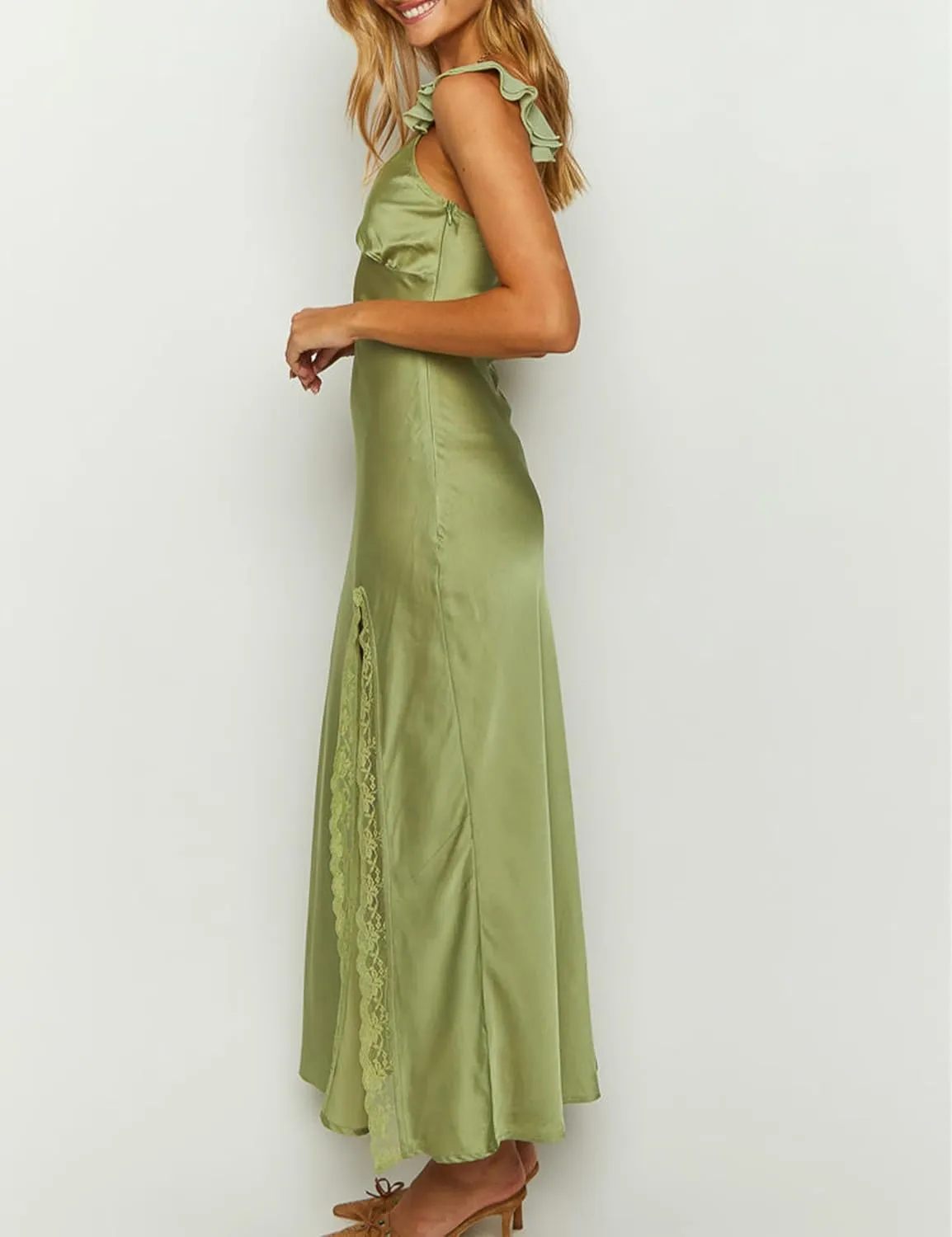 Summer Satin Lace Backless Spaghetti Strap Maxi Dress for Wedding Guest Silk Sleeveless V Neck Slit Ruffled Dress for Women