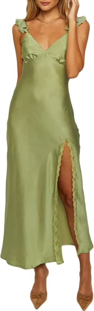 Summer Satin Lace Backless Spaghetti Strap Maxi Dress for Wedding Guest Silk Sleeveless V Neck Slit Ruffled Dress for Women