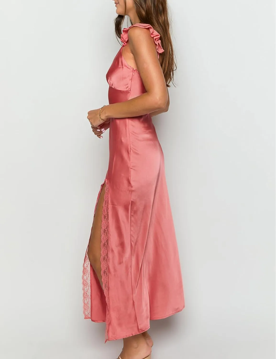 Summer Satin Lace Backless Spaghetti Strap Maxi Dress for Wedding Guest Silk Sleeveless V Neck Slit Ruffled Dress for Women