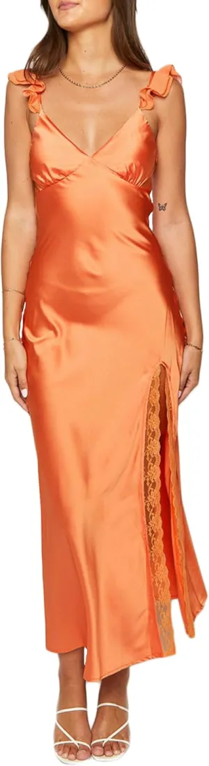 Summer Satin Lace Backless Spaghetti Strap Maxi Dress for Wedding Guest Silk Sleeveless V Neck Slit Ruffled Dress for Women