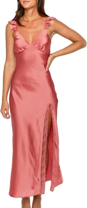 Summer Satin Lace Backless Spaghetti Strap Maxi Dress for Wedding Guest Silk Sleeveless V Neck Slit Ruffled Dress for Women