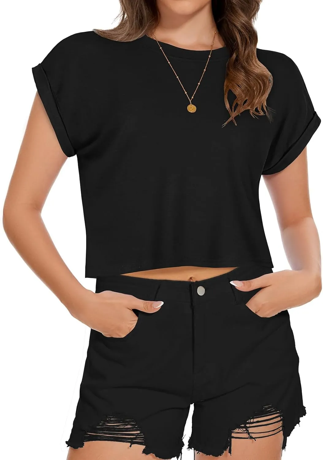 Summer Short Sleeve Crop Tops Womens Crewneck Roll Cap Sleeve T Shirts Loose Fit Basic Tees