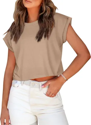 Summer Short Sleeve Crop Tops Womens Crewneck Roll Cap Sleeve T Shirts Loose Fit Basic Tees