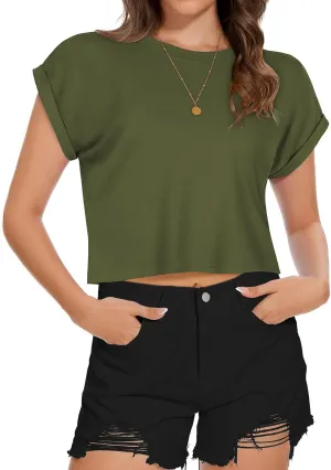 Summer Short Sleeve Crop Tops Womens Crewneck Roll Cap Sleeve T Shirts Loose Fit Basic Tees