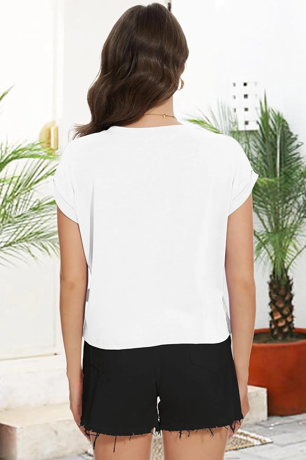 Summer Short Sleeve Crop Tops Womens Crewneck Roll Cap Sleeve T Shirts Loose Fit Basic Tees