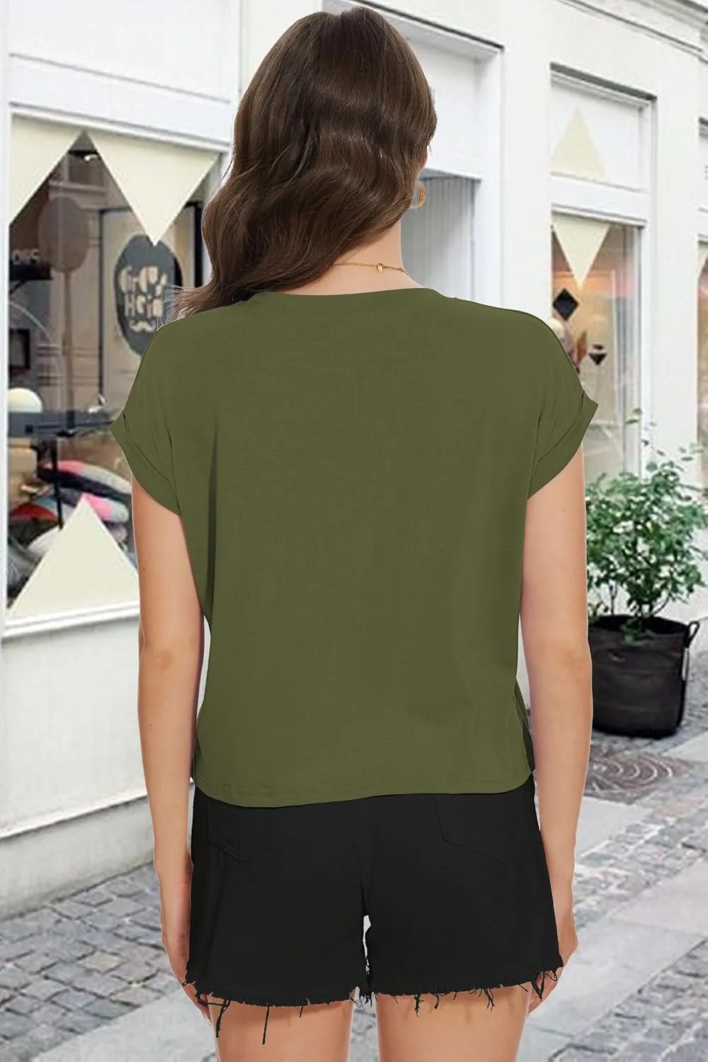 Summer Short Sleeve Crop Tops Womens Crewneck Roll Cap Sleeve T Shirts Loose Fit Basic Tees