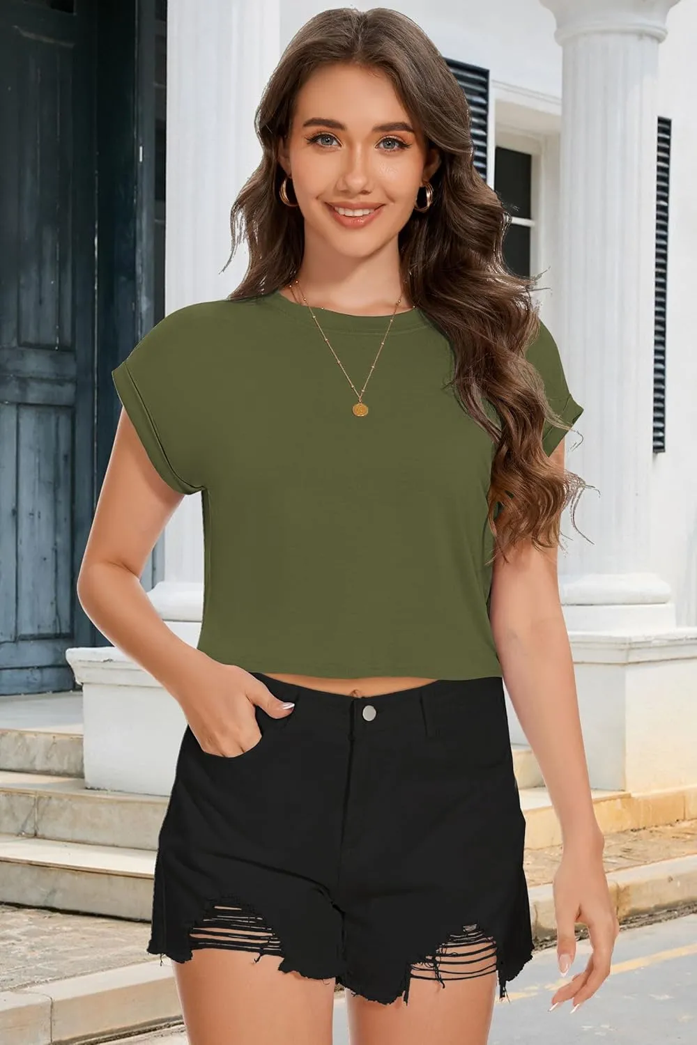 Summer Short Sleeve Crop Tops Womens Crewneck Roll Cap Sleeve T Shirts Loose Fit Basic Tees