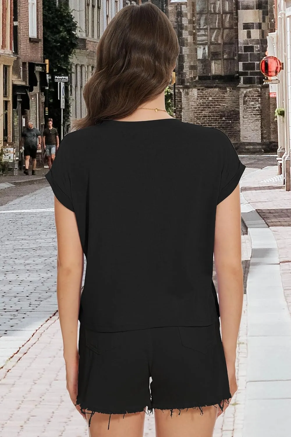 Summer Short Sleeve Crop Tops Womens Crewneck Roll Cap Sleeve T Shirts Loose Fit Basic Tees