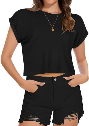 Summer Short Sleeve Crop Tops Womens Crewneck Roll Cap Sleeve T Shirts Loose Fit Basic Tees
