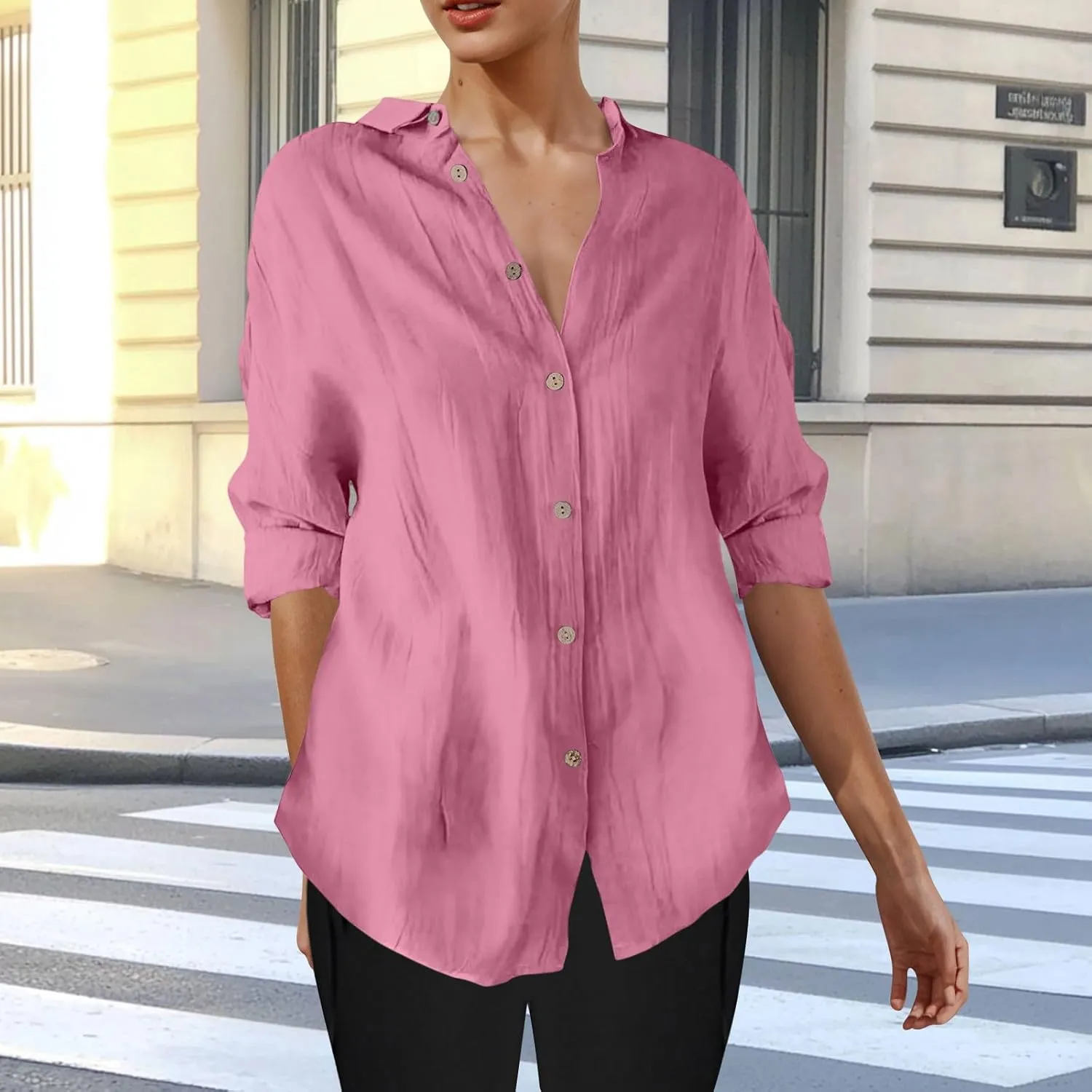 Summer Tops for Women 2025 Trendy 3/4 Length Sleeve Shirts Loose Fit Dressy Casual Blouses Lapel Button Down Shirts