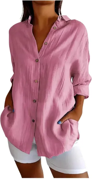 Summer Tops for Women 2025 Trendy 3/4 Length Sleeve Shirts Loose Fit Dressy Casual Blouses Lapel Button Down Shirts