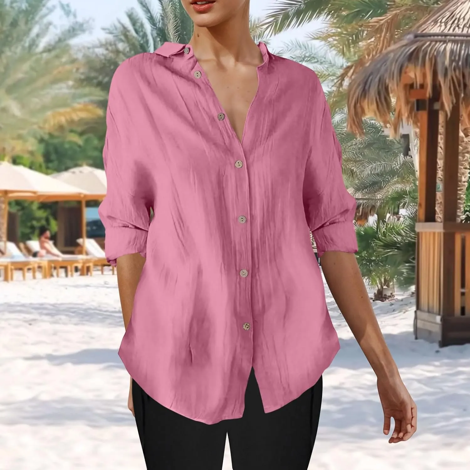 Summer Tops for Women 2025 Trendy 3/4 Length Sleeve Shirts Loose Fit Dressy Casual Blouses Lapel Button Down Shirts