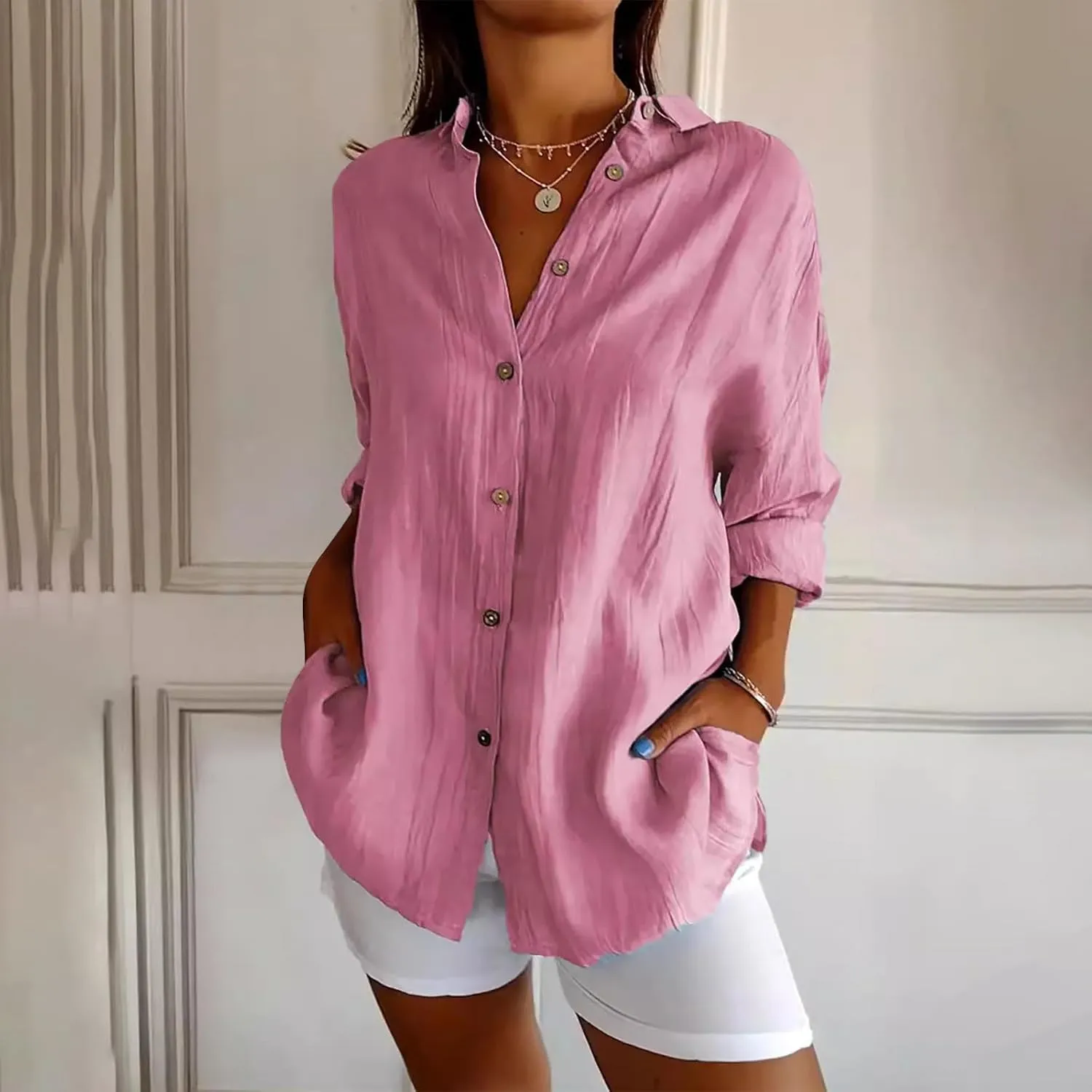 Summer Tops for Women 2025 Trendy 3/4 Length Sleeve Shirts Loose Fit Dressy Casual Blouses Lapel Button Down Shirts