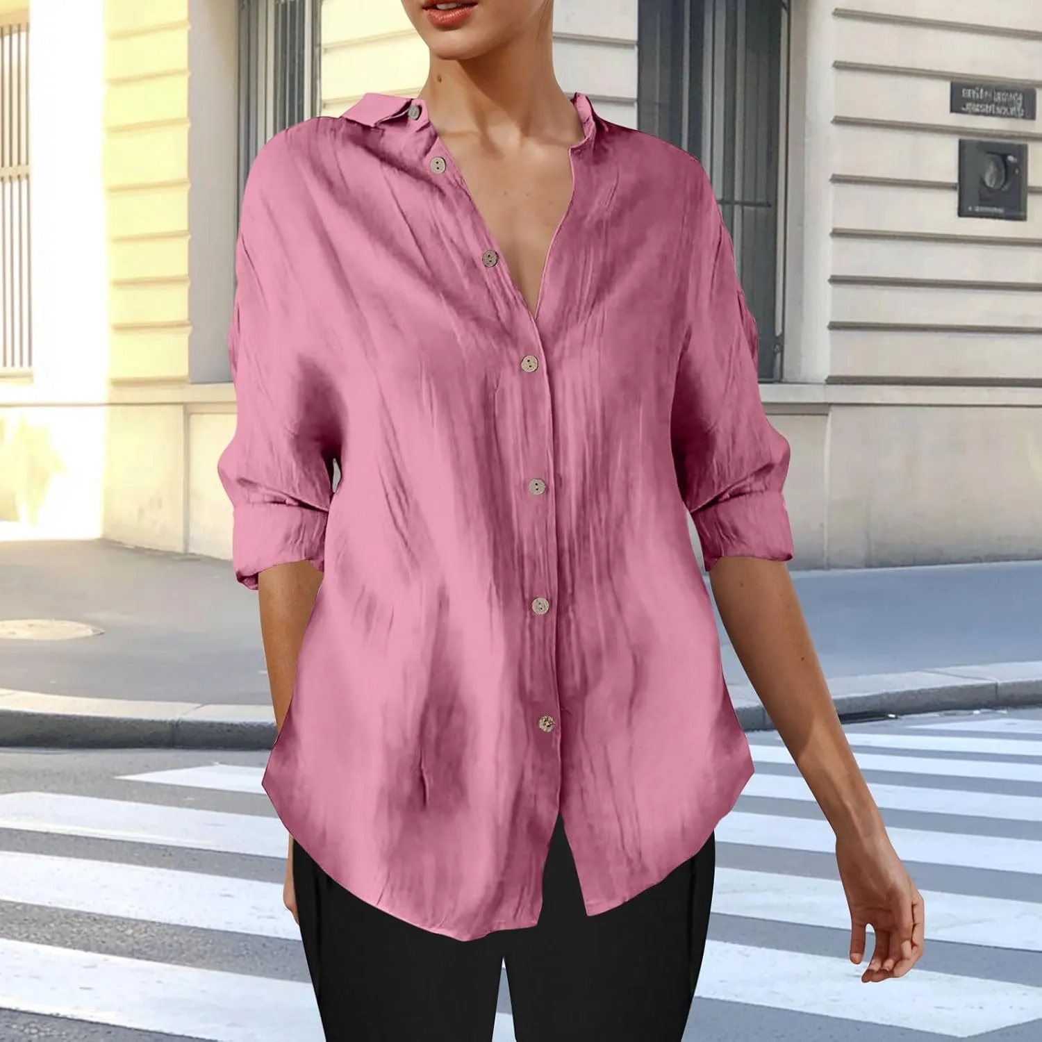 Summer Tops for Women 2025 Trendy 3/4 Length Sleeve Shirts Loose Fit Dressy Casual Blouses Lapel Button Down Shirts
