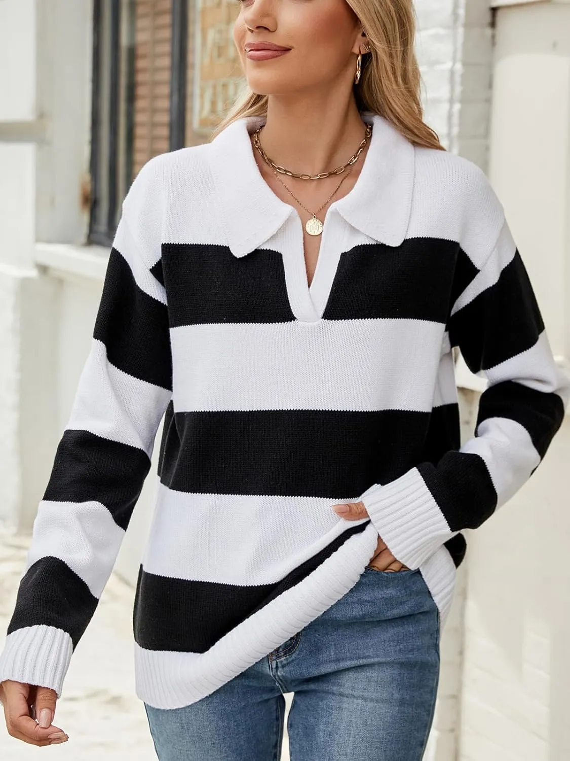 Sweaters Women Striped Oversized Sweaters Fall V Neck Pullover Color Block Sweater Polo Long Sleeve Knit Tops