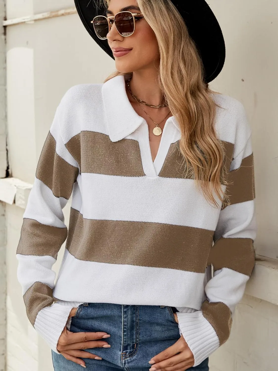 Sweaters Women Striped Oversized Sweaters Fall V Neck Pullover Color Block Sweater Polo Long Sleeve Knit Tops