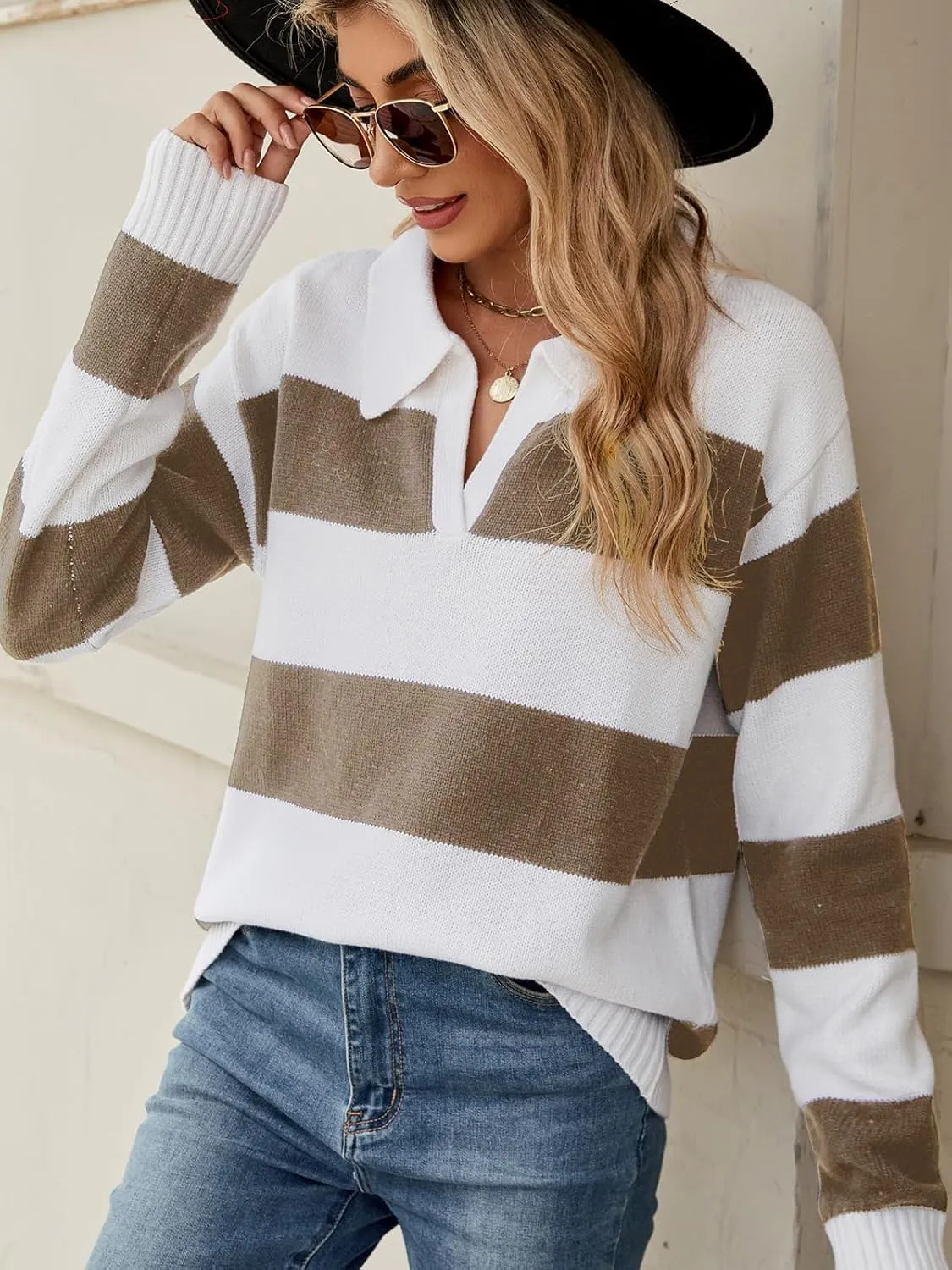 Sweaters Women Striped Oversized Sweaters Fall V Neck Pullover Color Block Sweater Polo Long Sleeve Knit Tops