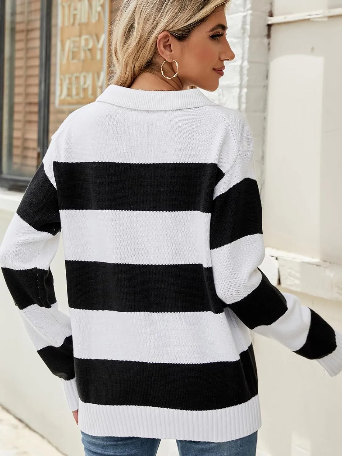 Sweaters Women Striped Oversized Sweaters Fall V Neck Pullover Color Block Sweater Polo Long Sleeve Knit Tops