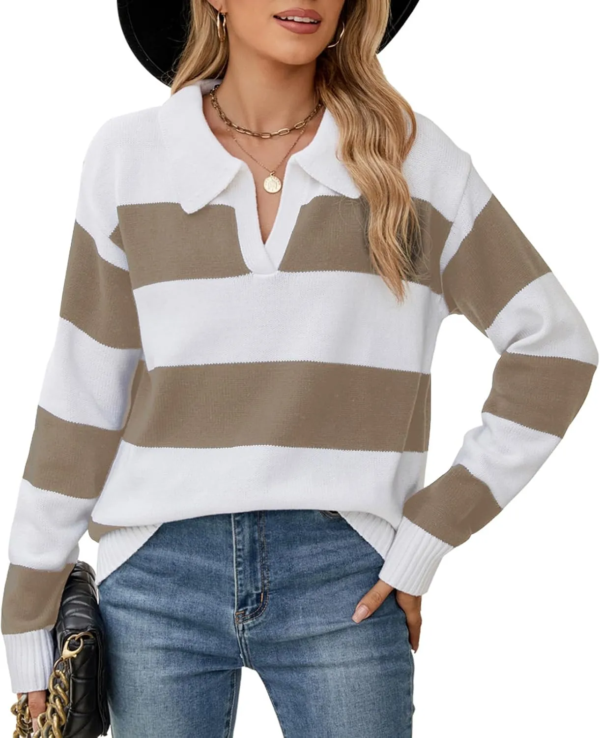 Sweaters Women Striped Oversized Sweaters Fall V Neck Pullover Color Block Sweater Polo Long Sleeve Knit Tops