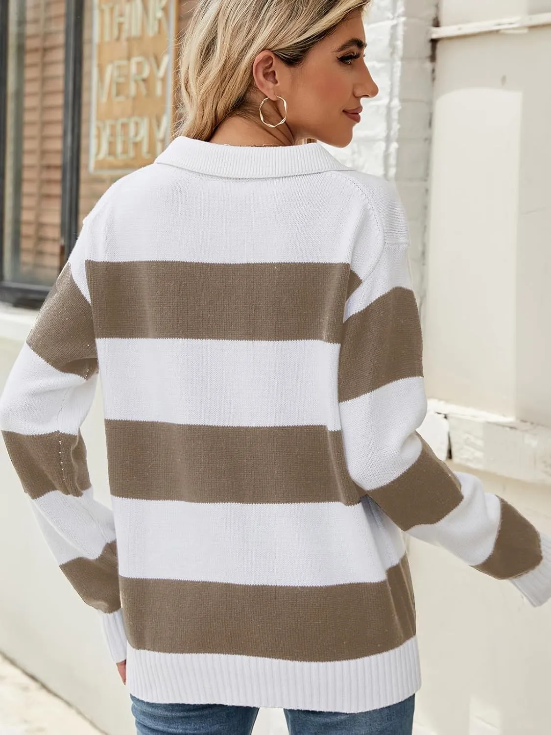 Sweaters Women Striped Oversized Sweaters Fall V Neck Pullover Color Block Sweater Polo Long Sleeve Knit Tops