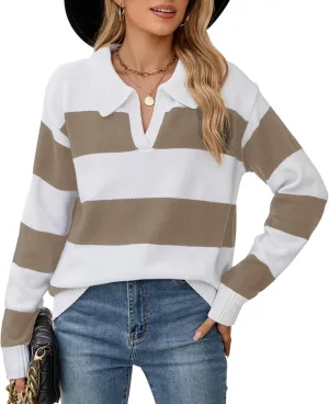 Sweaters Women Striped Oversized Sweaters Fall V Neck Pullover Color Block Sweater Polo Long Sleeve Knit Tops