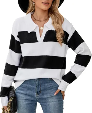 Sweaters Women Striped Oversized Sweaters Fall V Neck Pullover Color Block Sweater Polo Long Sleeve Knit Tops