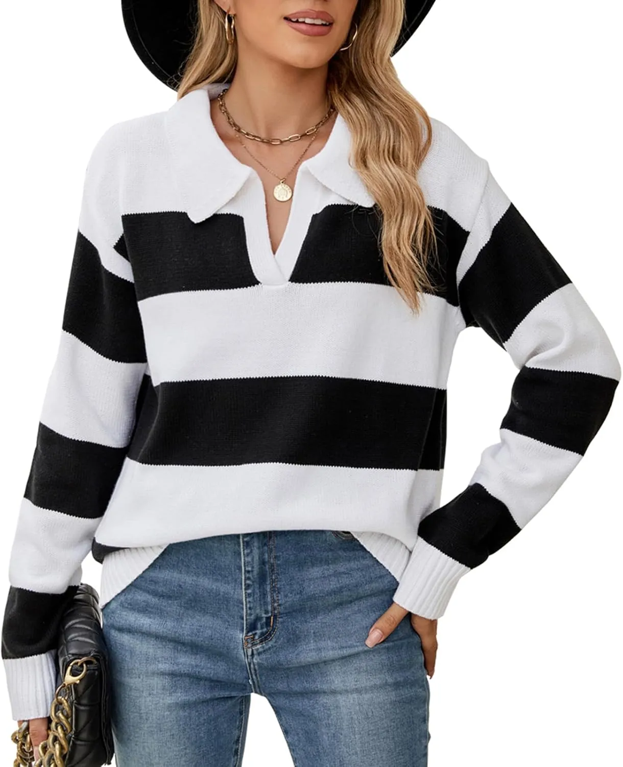Sweaters Women Striped Oversized Sweaters Fall V Neck Pullover Color Block Sweater Polo Long Sleeve Knit Tops