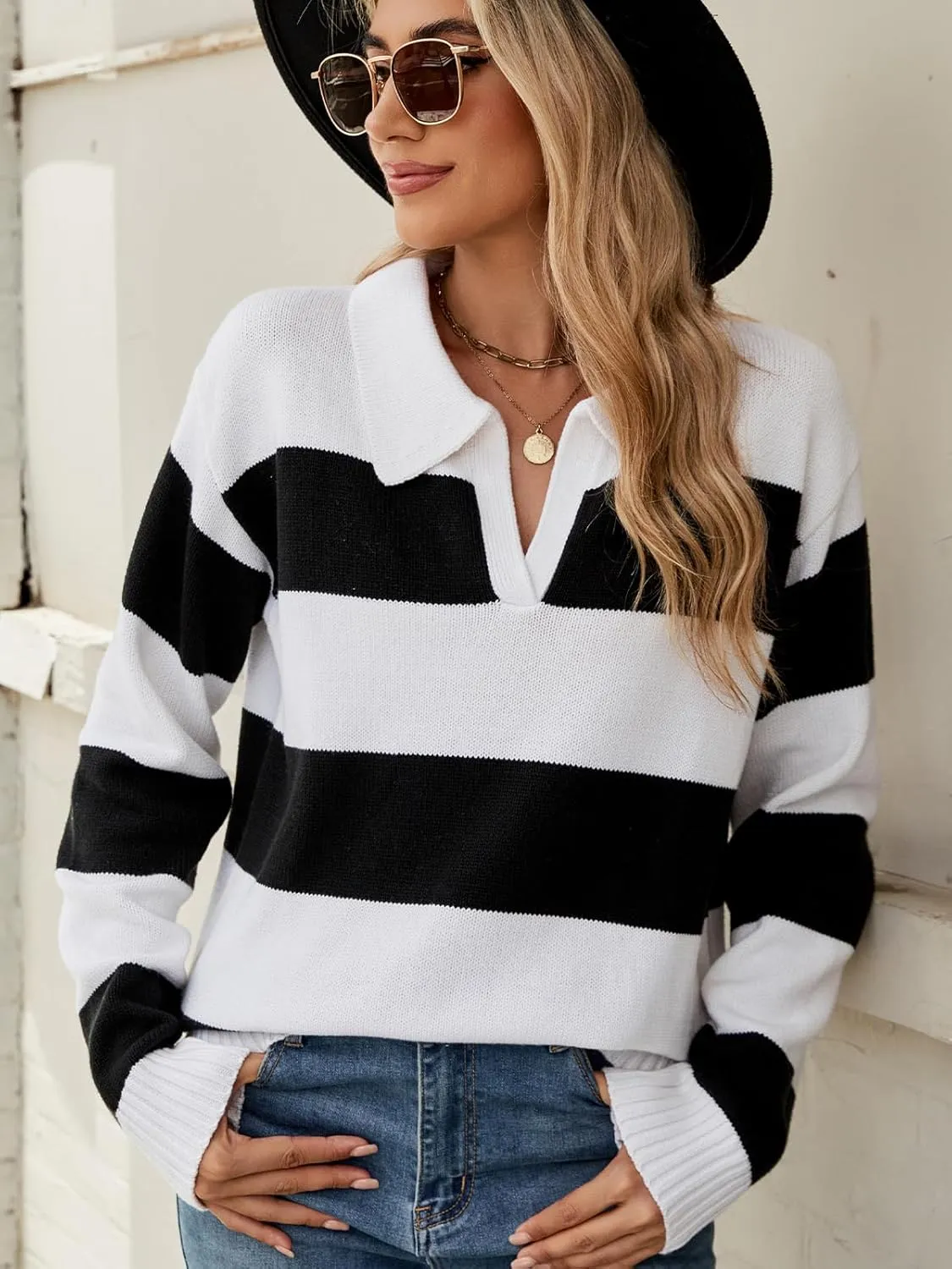 Sweaters Women Striped Oversized Sweaters Fall V Neck Pullover Color Block Sweater Polo Long Sleeve Knit Tops
