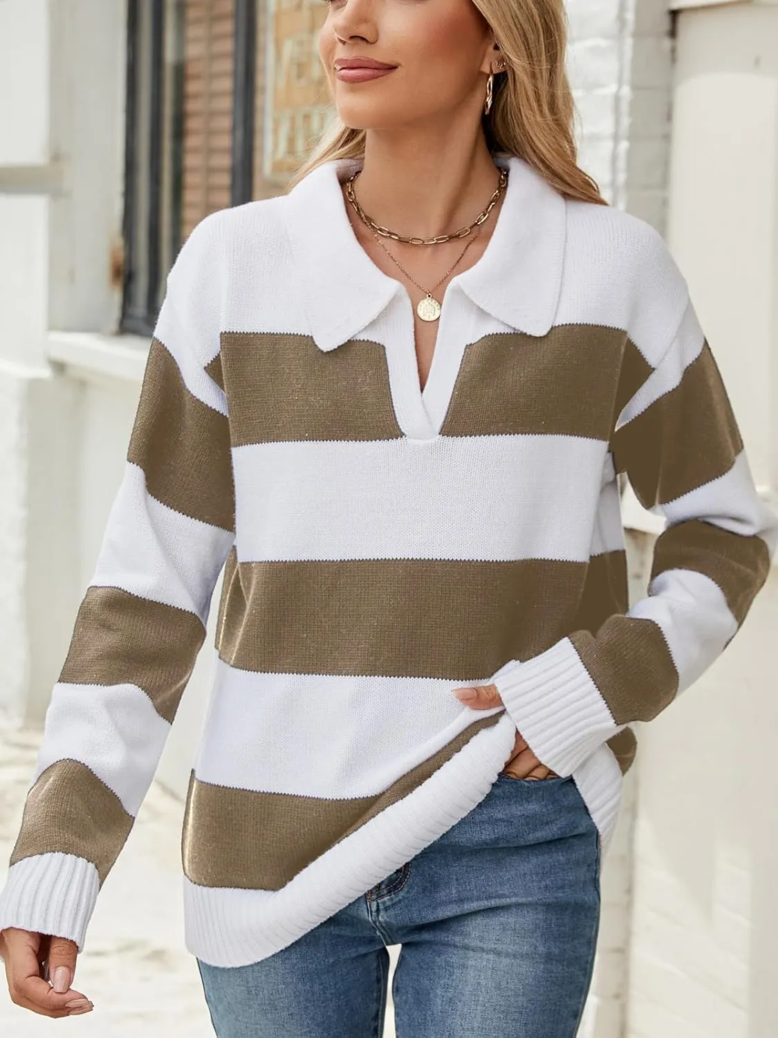 Sweaters Women Striped Oversized Sweaters Fall V Neck Pullover Color Block Sweater Polo Long Sleeve Knit Tops