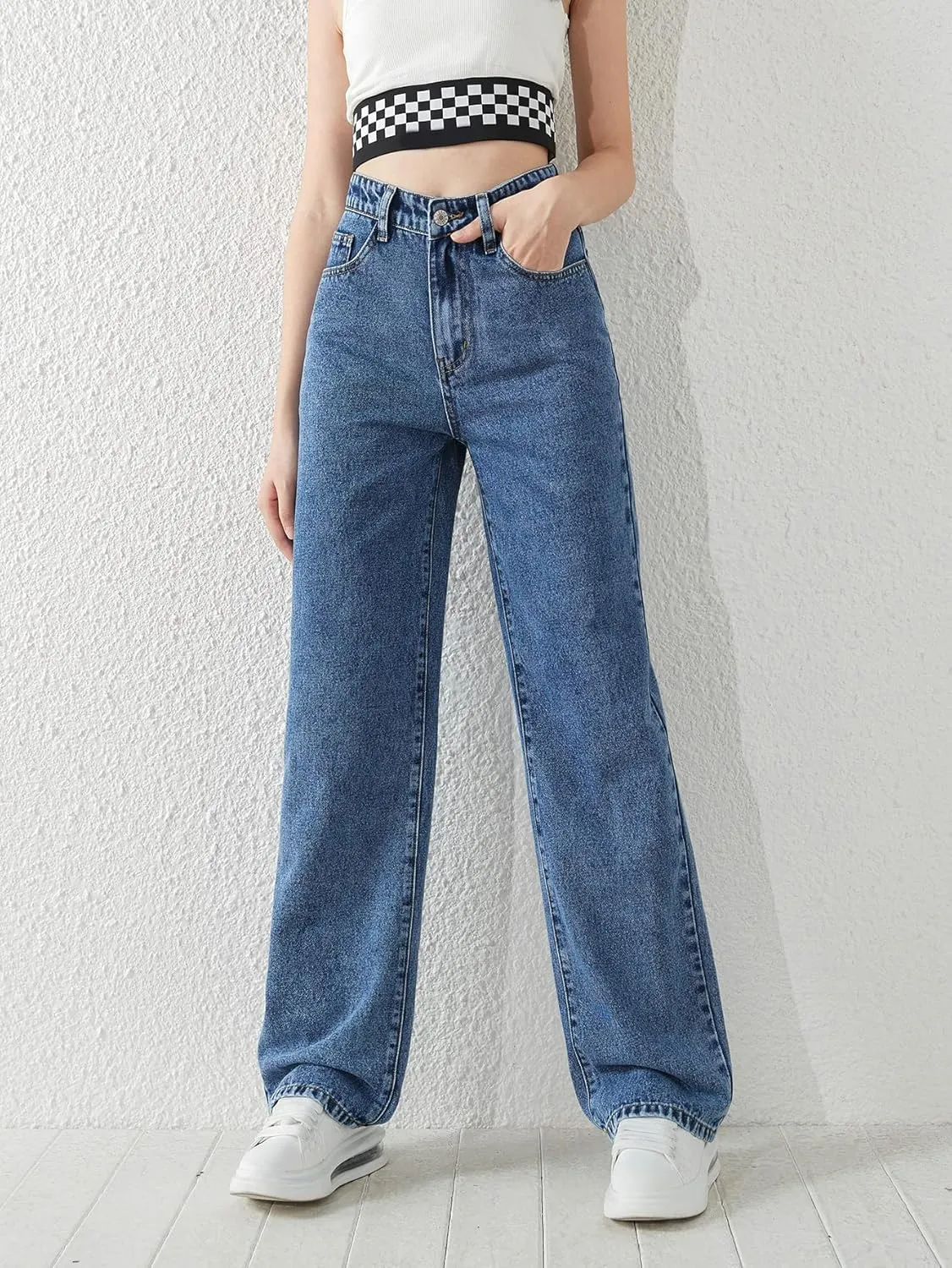 SweatyRocks Girl's High Waisted Solid Straight Leg Jeans Casual Loose Denim Pants