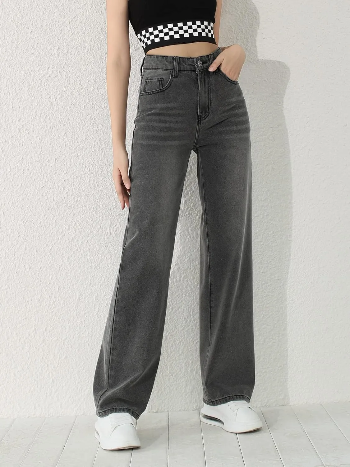 SweatyRocks Girl's High Waisted Solid Straight Leg Jeans Casual Loose Denim Pants
