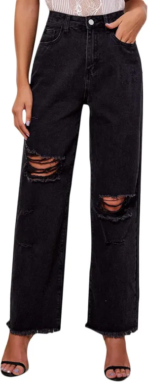 SweatyRocks Women's Ripped Straight Leg Jeans High Waist Distressed Cutout Denim Pants