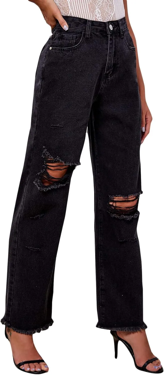 SweatyRocks Women's Ripped Straight Leg Jeans High Waist Distressed Cutout Denim Pants