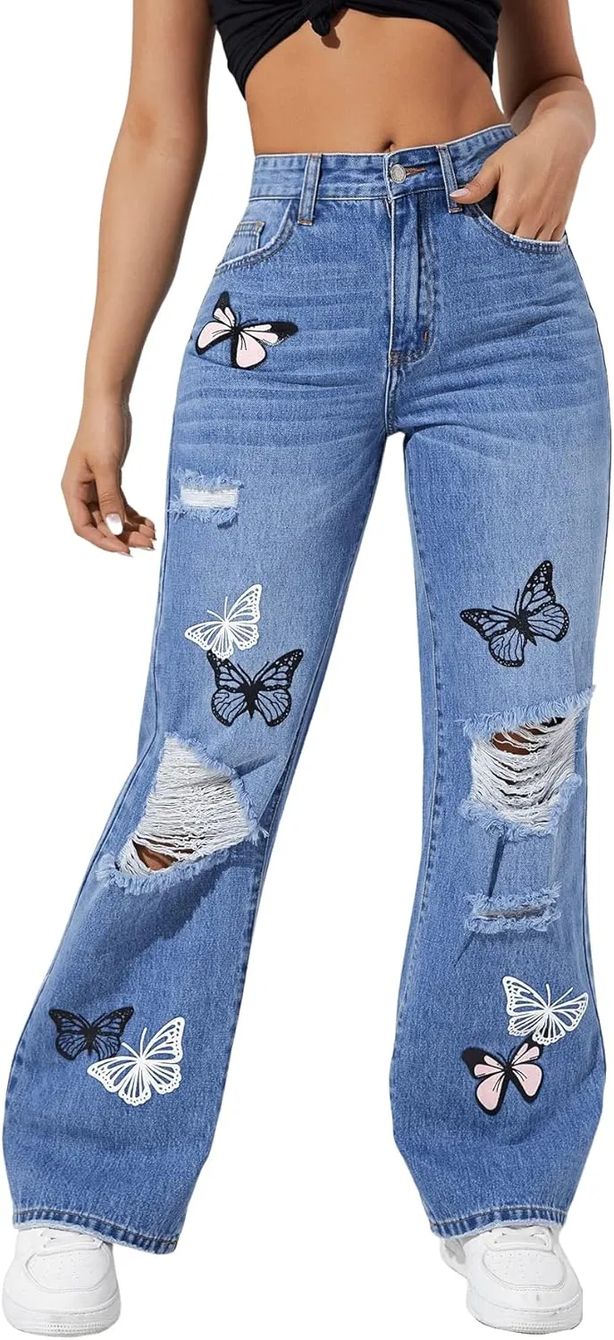 SweatyRocks Women's Ripped Straight Leg Jeans High Waist Distressed Cutout Denim Pants
