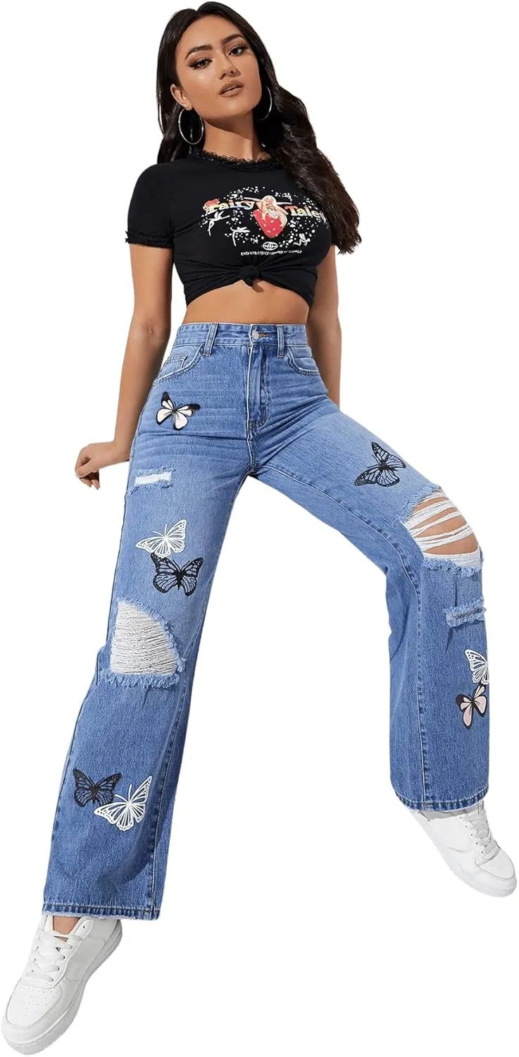 SweatyRocks Women's Ripped Straight Leg Jeans High Waist Distressed Cutout Denim Pants