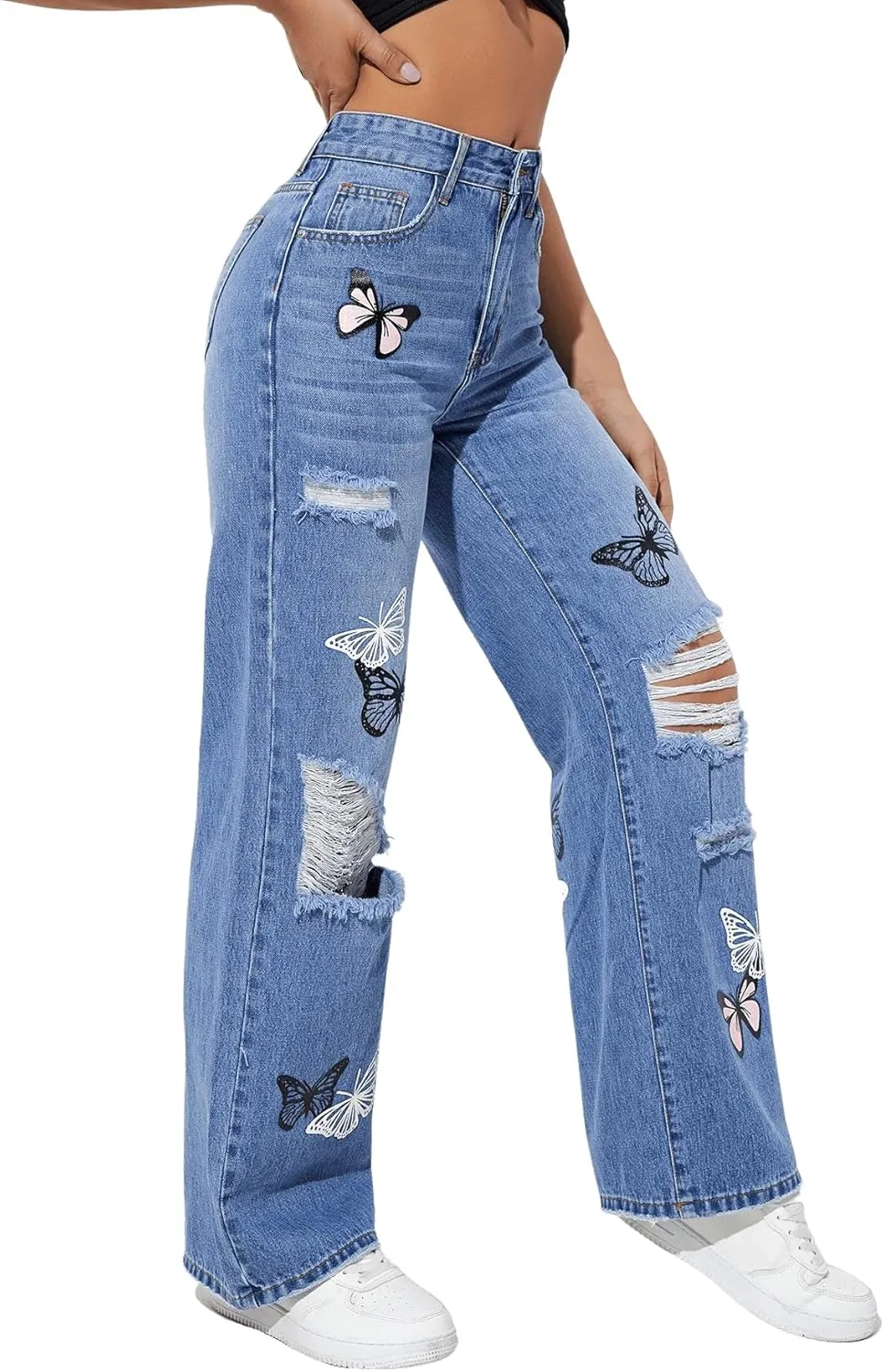 SweatyRocks Women's Ripped Straight Leg Jeans High Waist Distressed Cutout Denim Pants