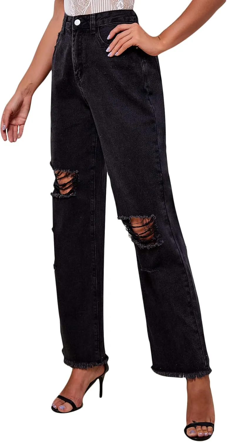 SweatyRocks Women's Ripped Straight Leg Jeans High Waist Distressed Cutout Denim Pants