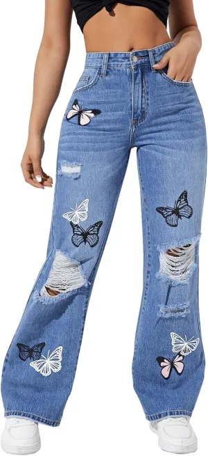 SweatyRocks Women's Ripped Straight Leg Jeans High Waist Distressed Cutout Denim Pants