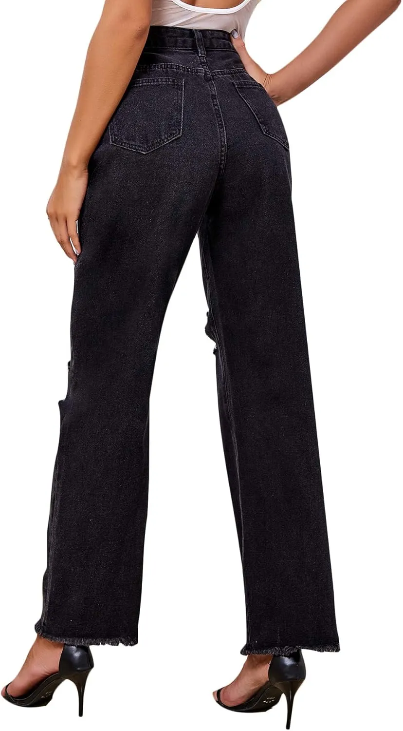 SweatyRocks Women's Ripped Straight Leg Jeans High Waist Distressed Cutout Denim Pants