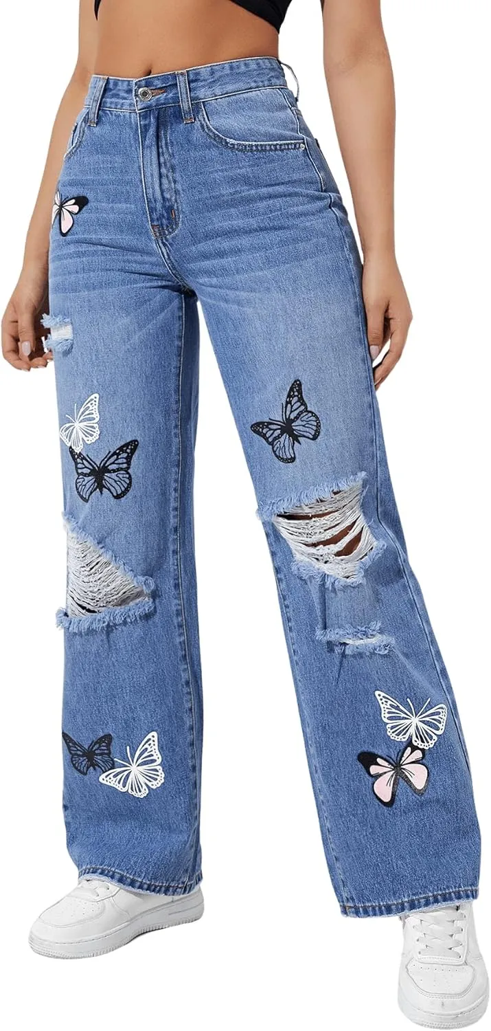 SweatyRocks Women's Ripped Straight Leg Jeans High Waist Distressed Cutout Denim Pants