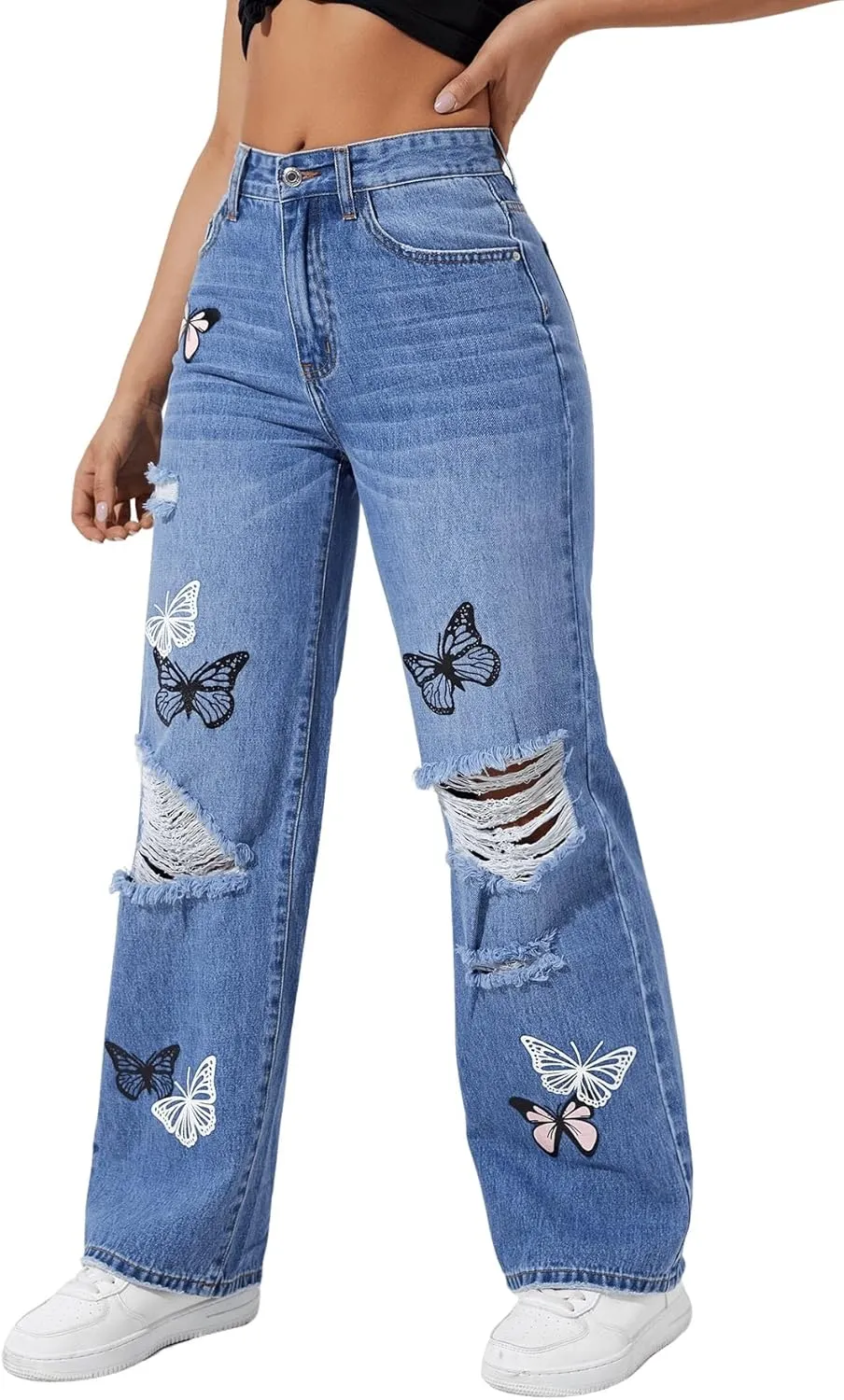 SweatyRocks Women's Ripped Straight Leg Jeans High Waist Distressed Cutout Denim Pants