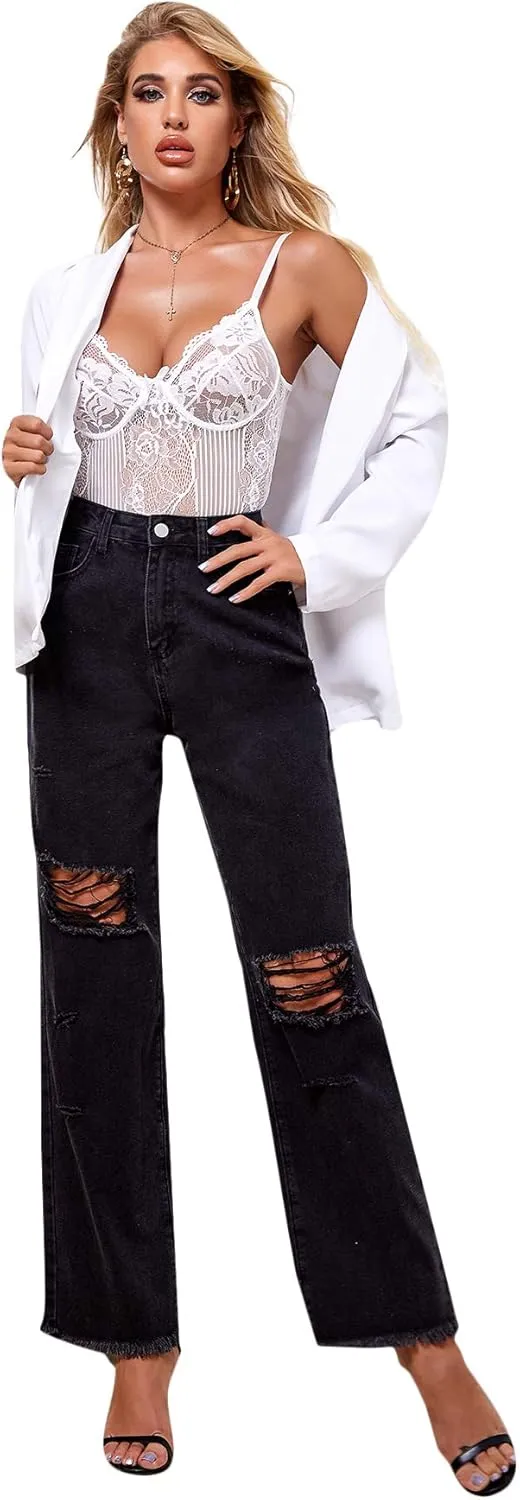 SweatyRocks Women's Ripped Straight Leg Jeans High Waist Distressed Cutout Denim Pants