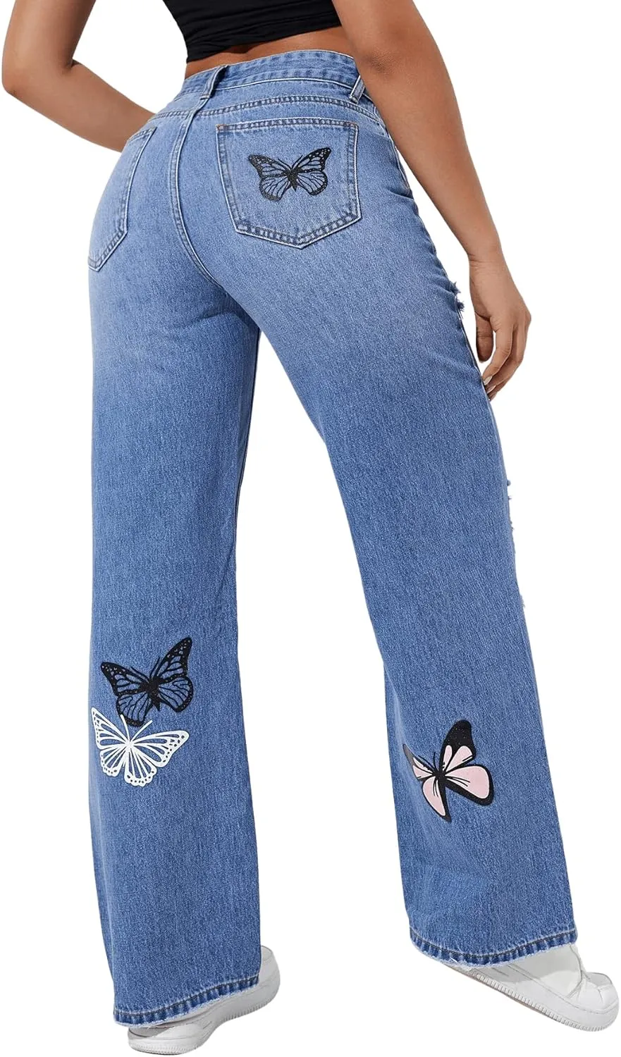 SweatyRocks Women's Ripped Straight Leg Jeans High Waist Distressed Cutout Denim Pants